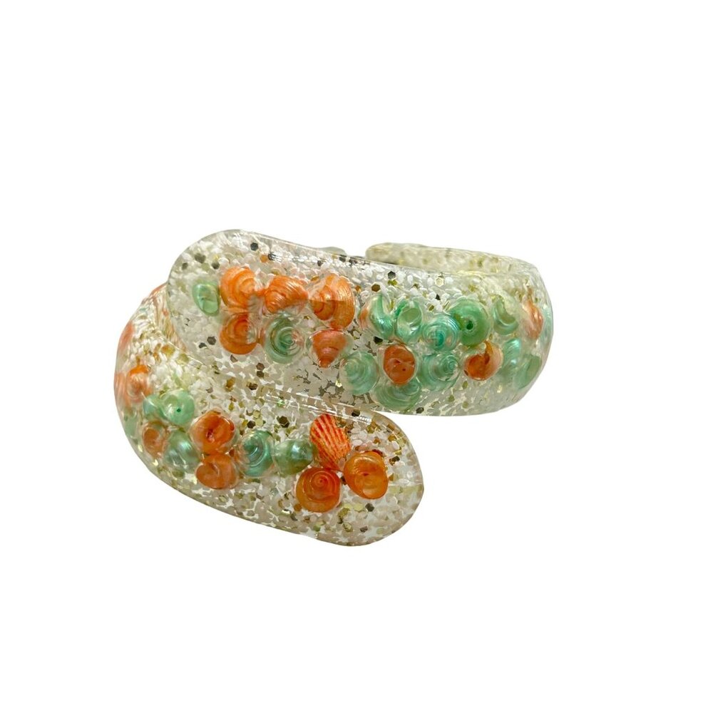 Vintage Mid Century Seashell Lucite Clamper Bangle Bracelet Clear Orange Blue